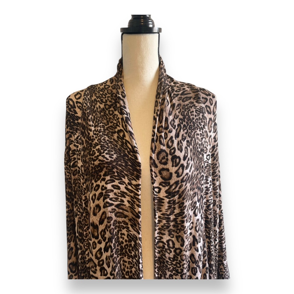 Vikki Vi Womens 2X Leopard Print Open Front Cardigan Slinky Longline Jacket USA - Picture 2 of 7